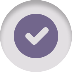 A purple circular icon with a white checkmark at the center, symbolizing confirmation or completion, set against a light gray background.
