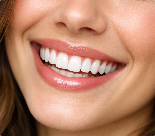 Close-up of a woman's smile showing perfectly aligned white teeth and pink glossy lips. The image conveys a sense of happiness and confidence.
